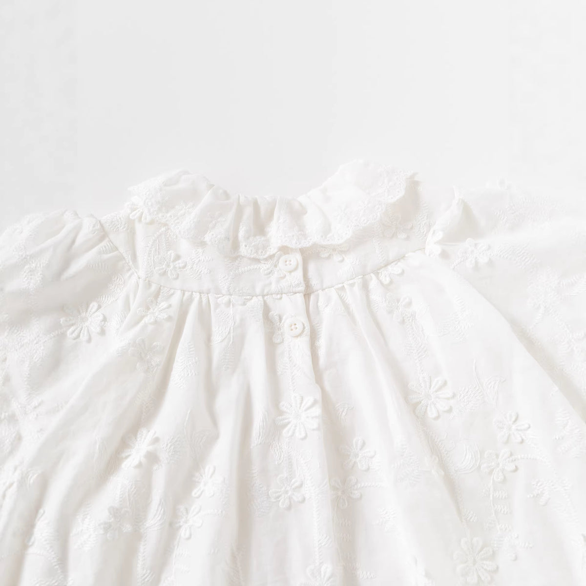 Milk White Embroidered Floral Romper Dress – A-Line Ruffle Collar Baby Girl Outfit (0–24M)