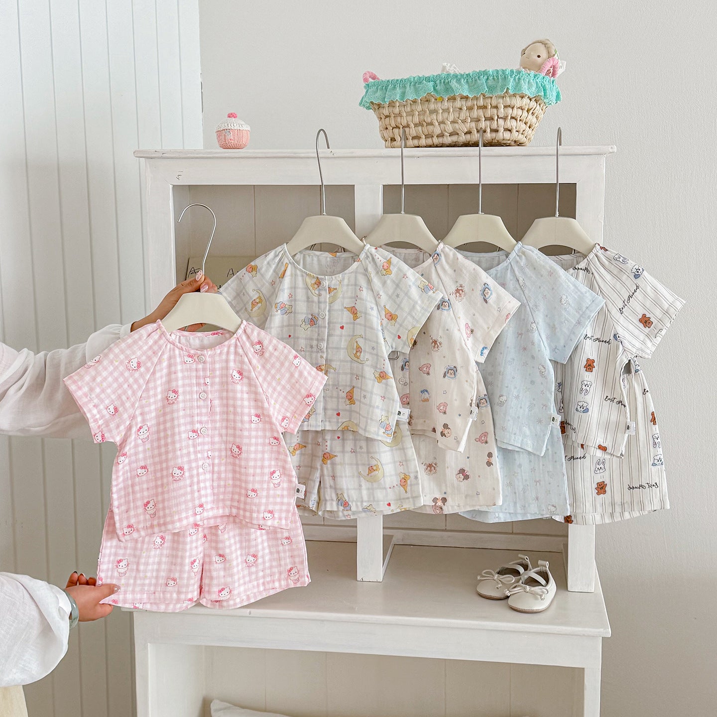 Cartoon Animal Muslin Short Sleeve Set – Button Top & Shorts Two-Piece (3M–2Y)