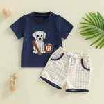 Baby Boy Dog & Baseball 2-Piece Set – Cotton Short Sleeve Top & Plaid Shorts (18-36M)    Mimou Babywear