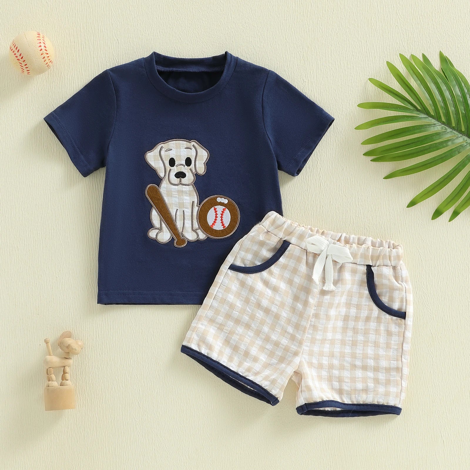Baby Boy Dog & Baseball 2-Piece Set – Cotton Short Sleeve Top & Plaid Shorts (18-36M)    Mimou Babywear