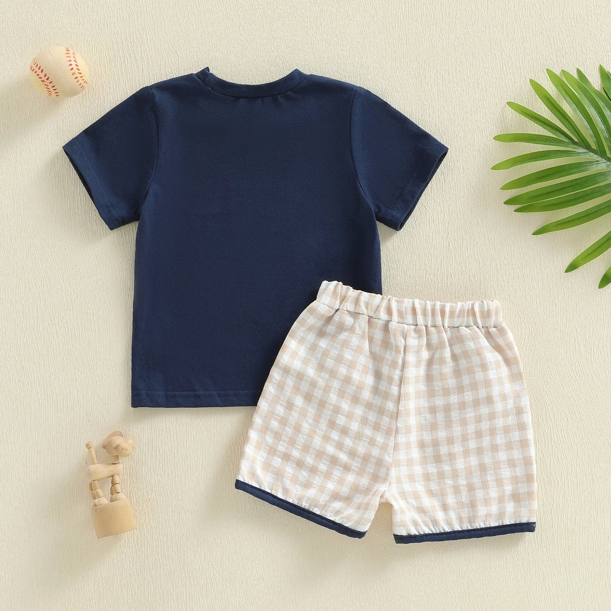 Baby Boy Dog & Baseball 2-Piece Set – Cotton Short Sleeve Top & Plaid Shorts (18-36M)    Mimou Babywear
