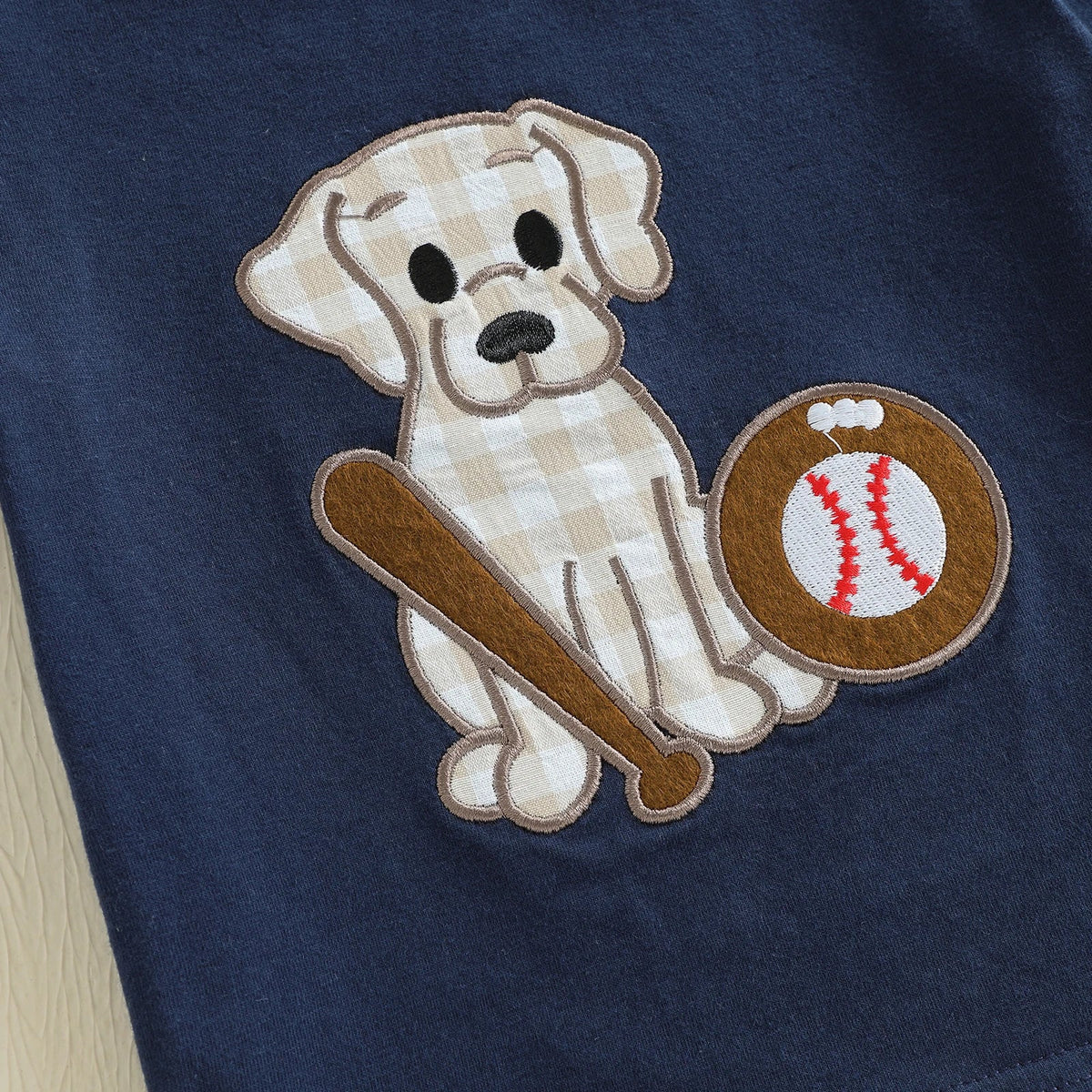 Baby Boy Dog & Baseball 2-Piece Set – Cotton Short Sleeve Top & Plaid Shorts (18-36M)    Mimou Babywear