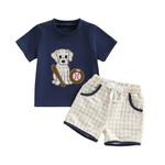 Baby Boy Dog & Baseball 2-Piece Set – Cotton Short Sleeve Top & Plaid Shorts (18-36M)    Mimou Babywear