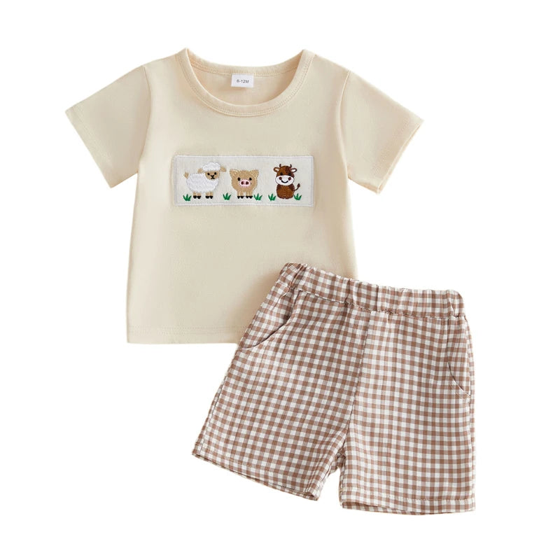 Baby Boy Farm Animals 2-Piece Set – Cotton Short Sleeve Top & Plaid Shorts (12-36M)    Mimou Babywear