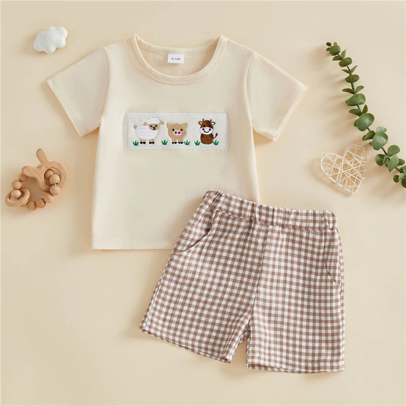 Baby Boy Farm Animals 2-Piece Set – Cotton Short Sleeve Top & Plaid Shorts (12-36M)    Mimou Babywear