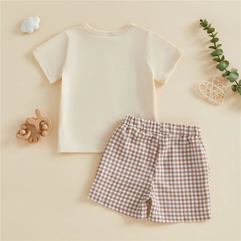Baby Boy Farm Animals 2-Piece Set – Cotton Short Sleeve Top & Plaid Shorts (12-36M)    Mimou Babywear