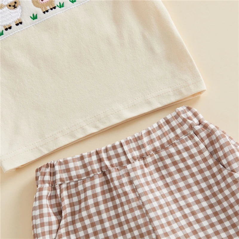 Baby Boy Farm Animals 2-Piece Set – Cotton Short Sleeve Top & Plaid Shorts (12-36M)    Mimou Babywear