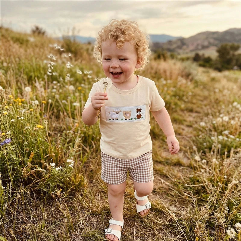 Baby Boy Farm Animals 2-Piece Set – Cotton Short Sleeve Top & Plaid Shorts (12-36M)    Mimou Babywear