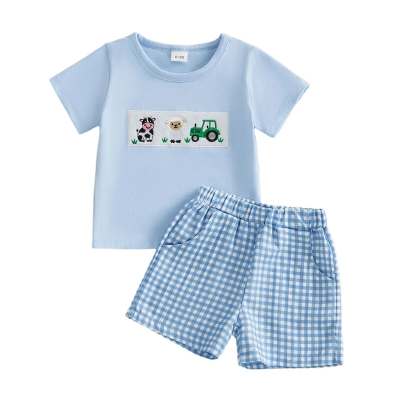 Baby Boy Farm Animals 2-Piece Set – Cotton Short Sleeve Top & Plaid Shorts (12-36M)    Mimou Babywear