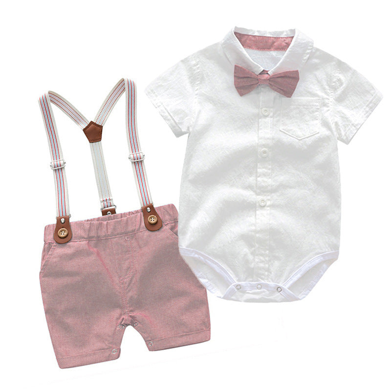 Baby Boy Gentleman Romper Set – British Style 2-Piece Summer Outfit   Pink / 100cm Mimou Babywear