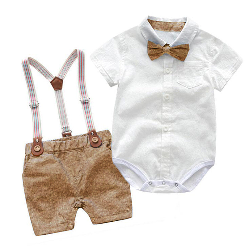 Baby Boy Gentleman Romper Set – British Style 2-Piece Summer Outfit   Brown / 100cm Mimou Babywear