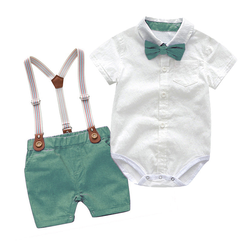Baby Boy Gentleman Romper Set – British Style 2-Piece Summer Outfit   Green / 100cm Mimou Babywear