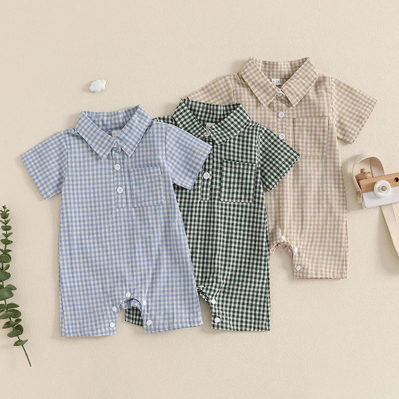 Baby Boy Plaid Polo Romper – Soft Cotton Short Sleeve Bodysuit with Collar & Buttons (3-24M)    Mimou Babywear
