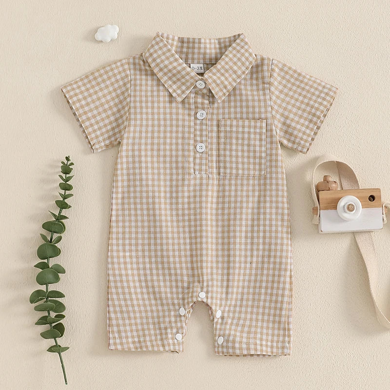 Baby Boy Plaid Polo Romper – Soft Cotton Short Sleeve Bodysuit with Collar & Buttons (3-24M)    Mimou Babywear