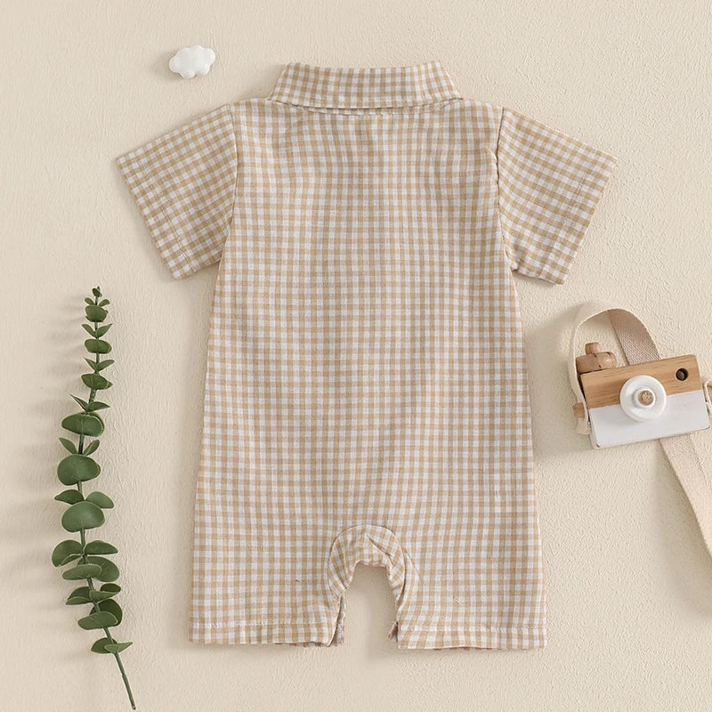 Baby Boy Plaid Polo Romper – Soft Cotton Short Sleeve Bodysuit with Collar & Buttons (3-24M)    Mimou Babywear