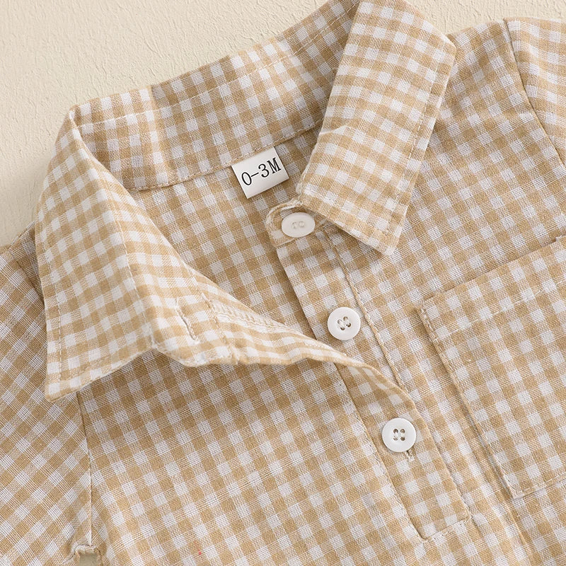 Baby Boy Plaid Polo Romper – Soft Cotton Short Sleeve Bodysuit with Collar & Buttons (3-24M)    Mimou Babywear