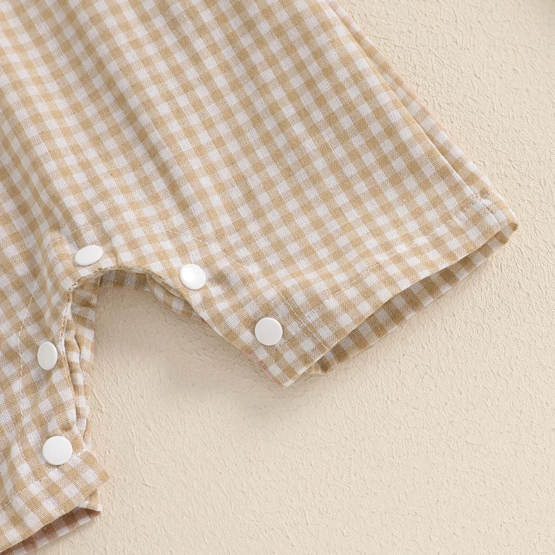 Baby Boy Plaid Polo Romper – Soft Cotton Short Sleeve Bodysuit with Collar & Buttons (3-24M)    Mimou Babywear