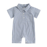 Baby Boy Plaid Polo Romper – Soft Cotton Short Sleeve Bodysuit with Collar & Buttons (3-24M)    Mimou Babywear