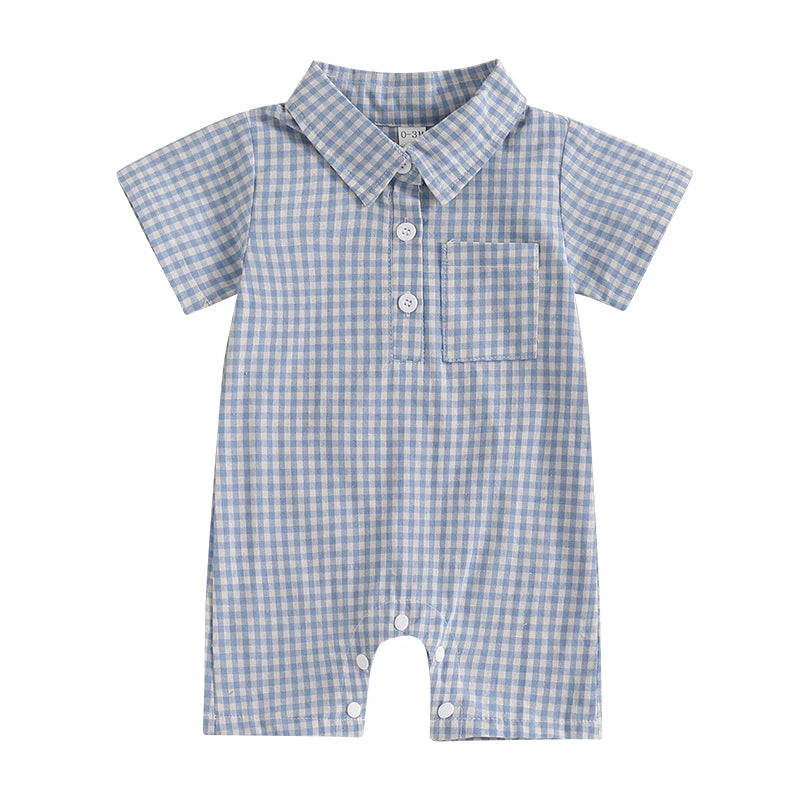 Baby Boy Plaid Polo Romper – Soft Cotton Short Sleeve Bodysuit with Collar & Buttons (3-24M)    Mimou Babywear