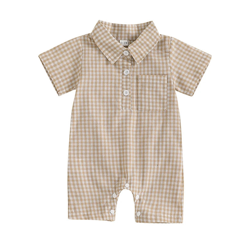 Baby Boy Plaid Polo Romper – Soft Cotton Short Sleeve Bodysuit with Collar & Buttons (3-24M)    Mimou Babywear
