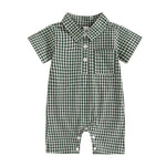 Baby Boy Plaid Polo Romper – Soft Cotton Short Sleeve Bodysuit with Collar & Buttons (3-24M)    Mimou Babywear