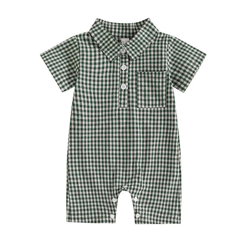 Baby Boy Plaid Polo Romper – Soft Cotton Short Sleeve Bodysuit with Collar & Buttons (3-24M)    Mimou Babywear
