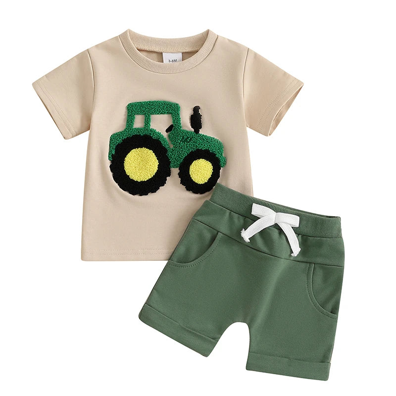 Baby Boy Truck Embroidery 2-Piece Set – Cotton Short Sleeve Top & Elastic Shorts (6-36M)    Mimou Babywear