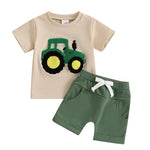 Baby Boy Truck Embroidery 2-Piece Set – Cotton Short Sleeve Top & Elastic Shorts (6-36M)    Mimou Babywear