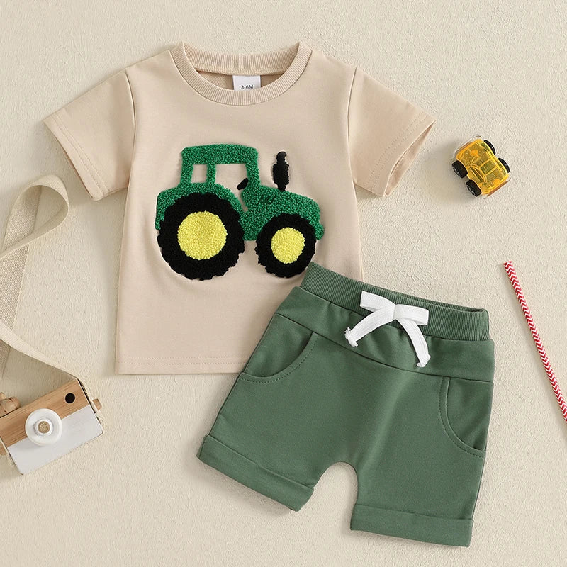 Baby Boy Truck Embroidery 2-Piece Set – Cotton Short Sleeve Top & Elastic Shorts (6-36M)    Mimou Babywear