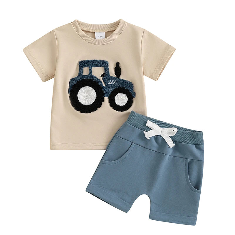 Baby Boy Truck Embroidery 2-Piece Set – Cotton Short Sleeve Top & Elastic Shorts (6-36M)    Mimou Babywear