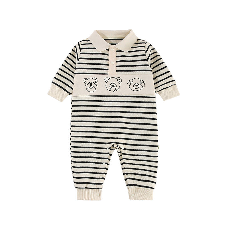 Baby Clothes Spring And Autumn New Boy Baby Clothes Striped Bear Newborn Clothes Lapel Baby Onesie   Stripe / 90cm Mimou Babywear