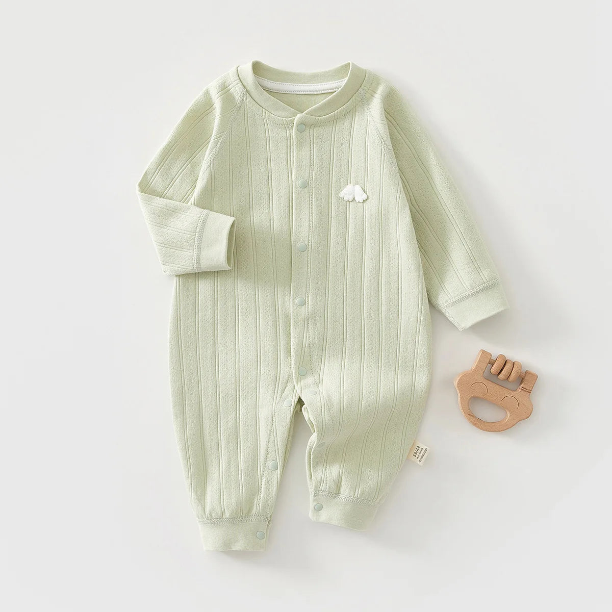 Baby Cotton Long-Sleeve Romper – Soft Unisex One-Piece with Embroidered Wings   Beige / 73cm(6-9M) Mimou Babywear
