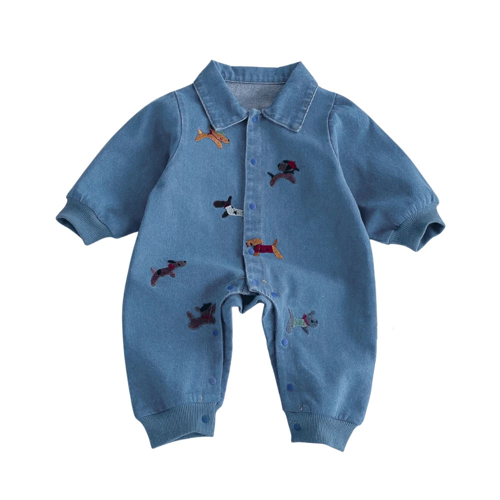 Baby Denim Embroidered Jumpsuit – Long Sleeve One-Piece Outfit (3-24M)    Mimou Babywear