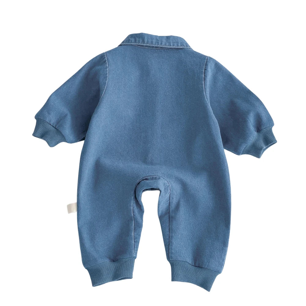 Baby Denim Embroidered Jumpsuit – Long Sleeve One-Piece Outfit (3-24M)    Mimou Babywear