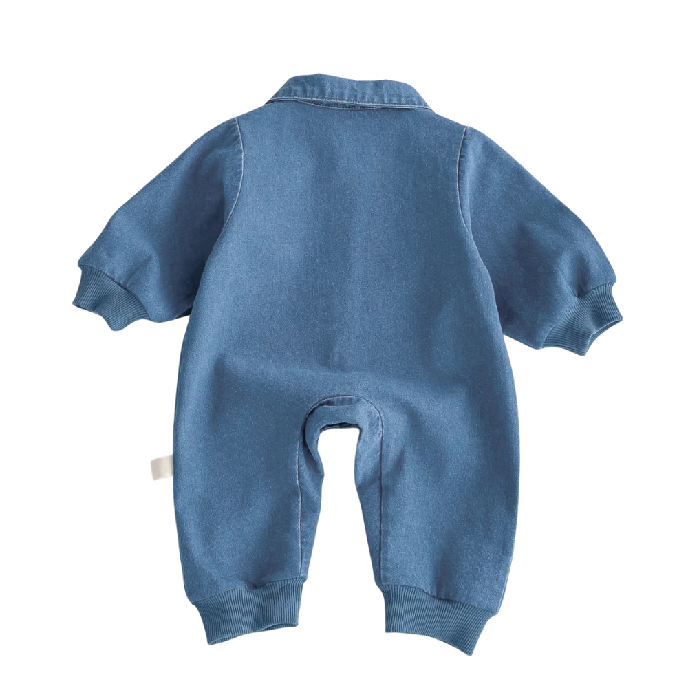 Baby Denim Embroidered Jumpsuit – Long Sleeve One-Piece Outfit (3-24M)    Mimou Babywear