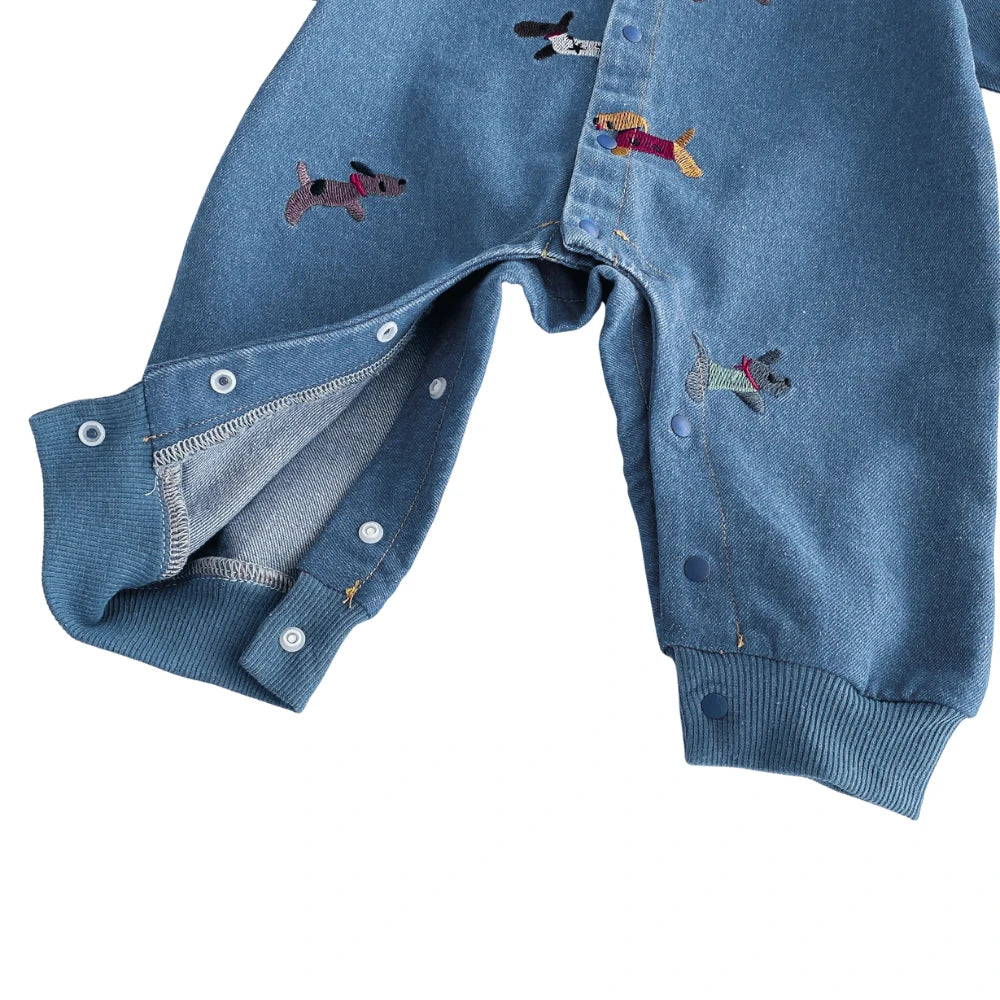 Baby Denim Embroidered Jumpsuit – Long Sleeve One-Piece Outfit (3-24M)    Mimou Babywear