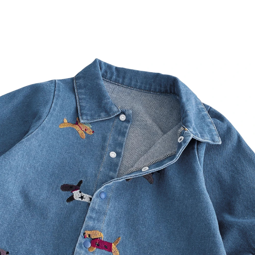 Baby Denim Embroidered Jumpsuit – Long Sleeve One-Piece Outfit (3-24M)    Mimou Babywear