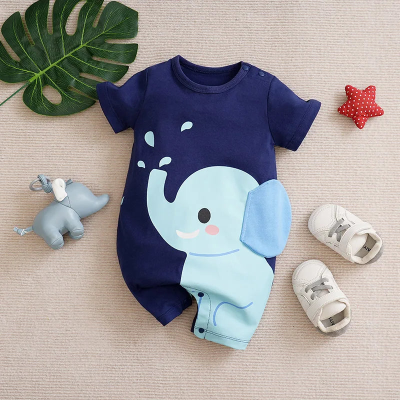 Baby Elephant Splashing Short Sleeve Romper – Soft Cotton Summer Bodysuit (3–18M)    Mimou Babywear