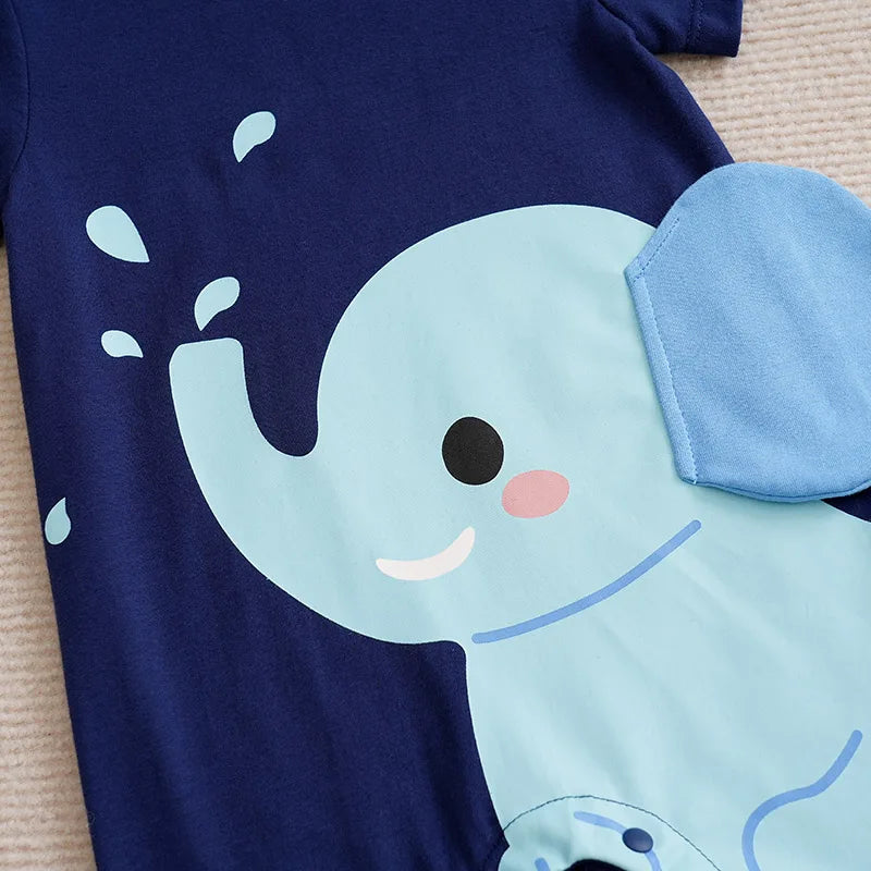Baby Elephant Splashing Short Sleeve Romper – Soft Cotton Summer Bodysuit (3–18M)    Mimou Babywear