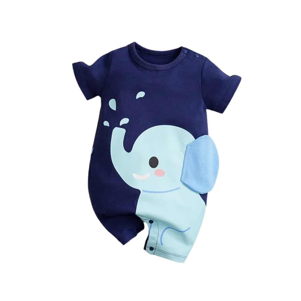 Baby Elephant Splashing Short Sleeve Romper – Soft Cotton Summer Bodysuit (3–18M)