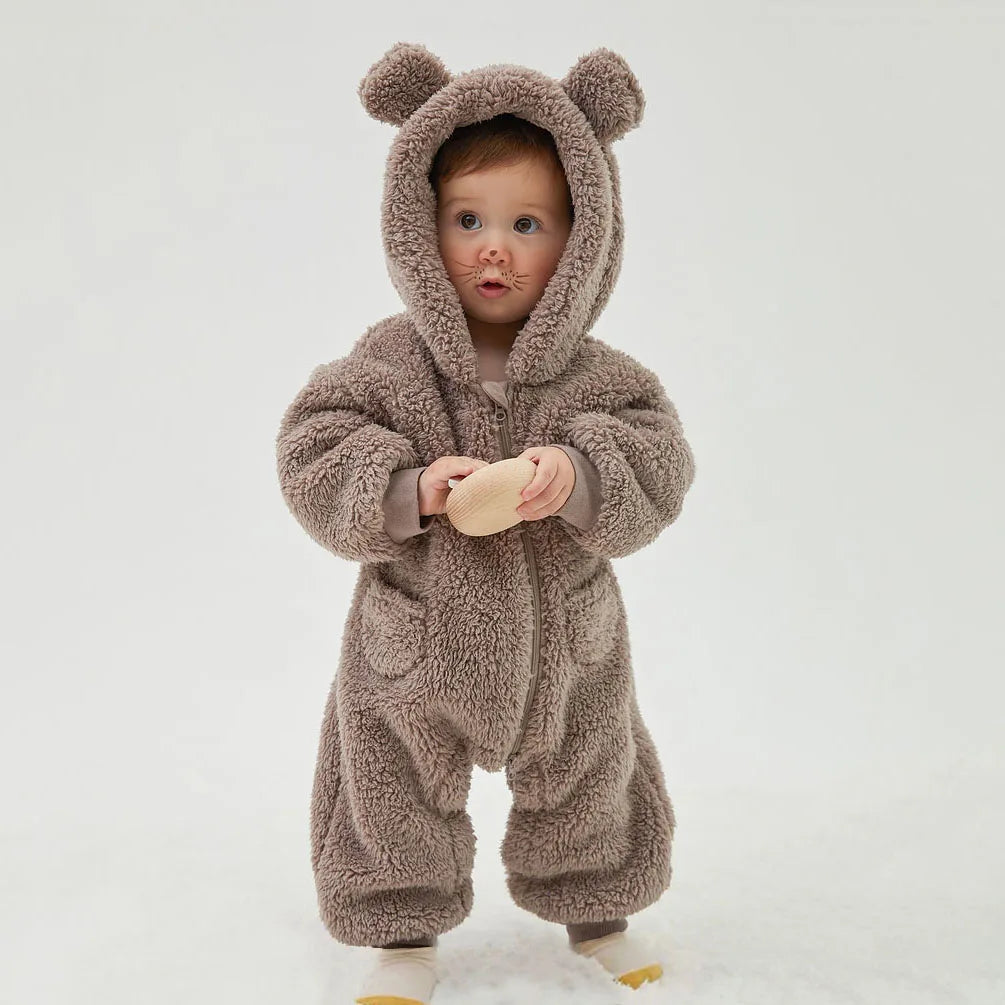 Baby Fleece Hooded Jumpsuit – Cozy Bear One-Piece (0-24M)    Mimou Babywear