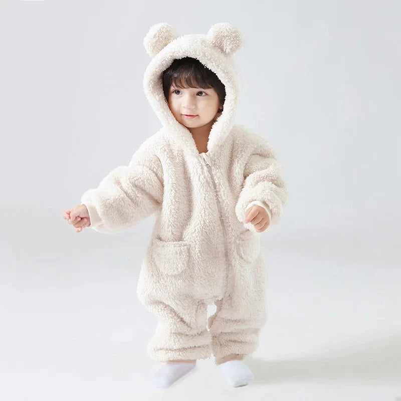 Baby Fleece Hooded Jumpsuit – Cozy Bear One-Piece (0-24M)    Mimou Babywear