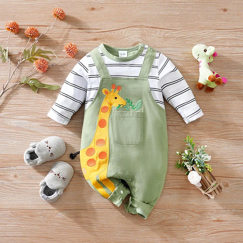 Baby Giraffe Cotton Romper – Long Sleeve One-Piece Outfit (0-18M) - Mimou Babywear