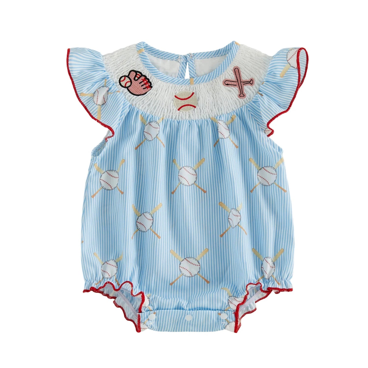 Baby Girl Baseball Embroidery Romper – Striped Flutter Sleeve Smocked Jumpsuit (0–18M)    Mimou Babywear