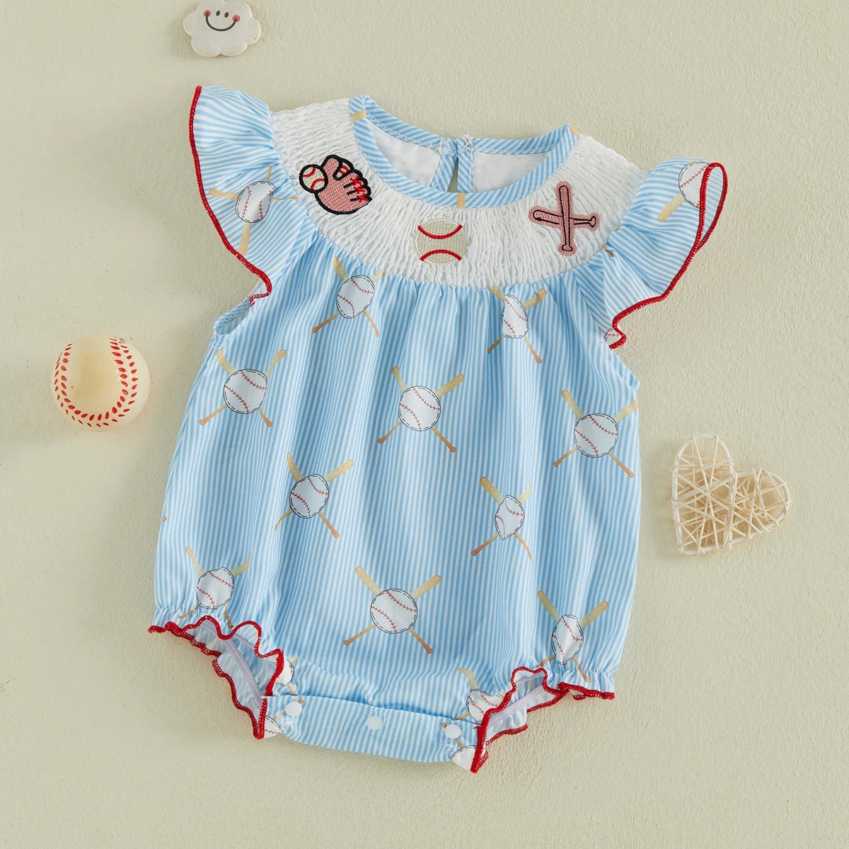 Baby Girl Baseball Embroidery Romper – Striped Flutter Sleeve Smocked Jumpsuit (0–18M)    Mimou Babywear