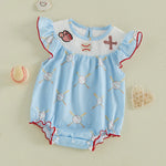 Baby Girl Baseball Embroidery Romper – Striped Flutter Sleeve Smocked Jumpsuit (0–18M)    Mimou Babywear