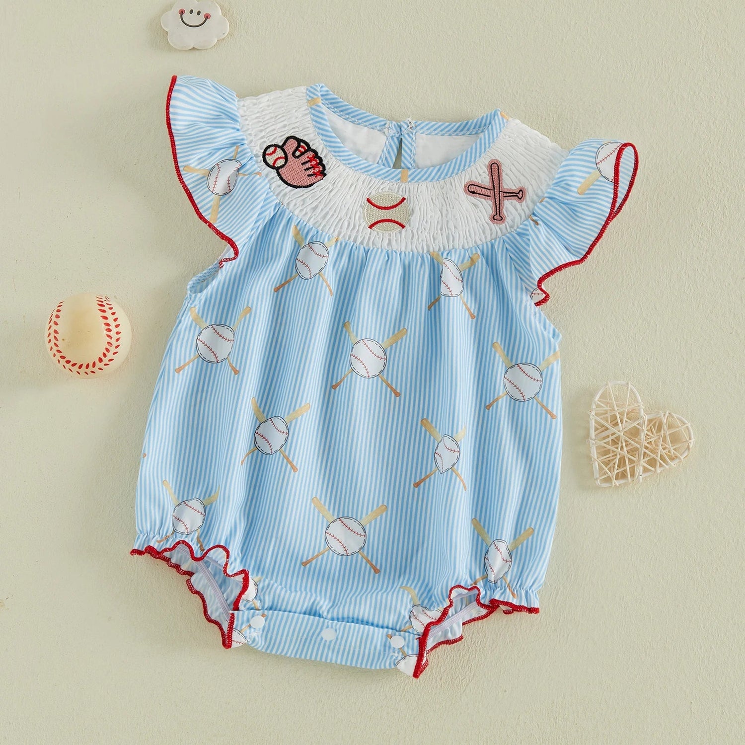 Baby Girl Baseball Embroidery Romper – Striped Flutter Sleeve Smocked Jumpsuit (0–18M)    Mimou Babywear