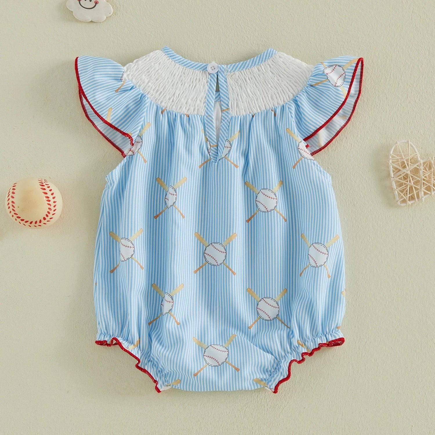 Baby Girl Baseball Embroidery Romper – Striped Flutter Sleeve Smocked Jumpsuit (0–18M)    Mimou Babywear