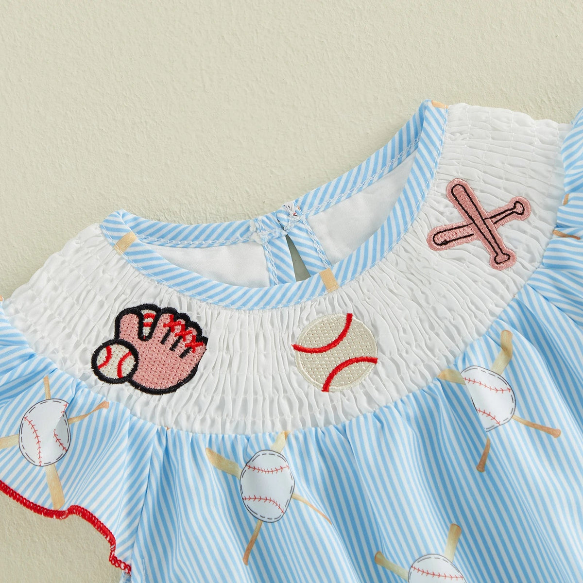 Baby Girl Baseball Embroidery Romper – Striped Flutter Sleeve Smocked Jumpsuit (0–18M)    Mimou Babywear