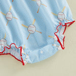 Baby Girl Baseball Embroidery Romper – Striped Flutter Sleeve Smocked Jumpsuit (0–18M)    Mimou Babywear